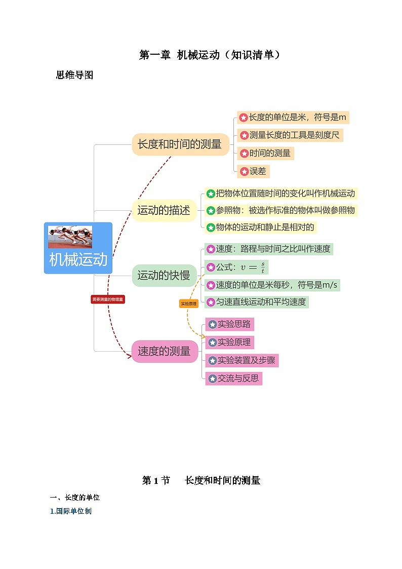 第一章 机械运动（知识清单）初中物理人教版（2024）八年级上册 （答案版）第1页