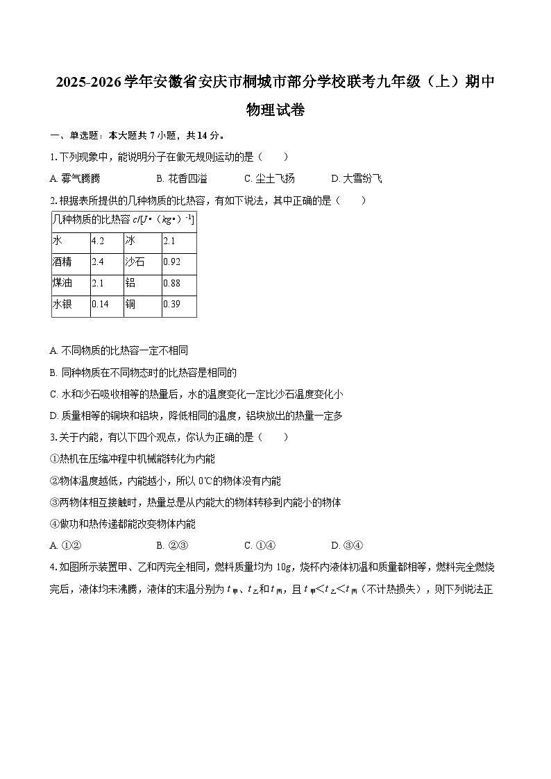 2025-2026学年安徽省安庆市桐城市部分学校联考九年级（上）期中物理试卷-自定义类型第1页