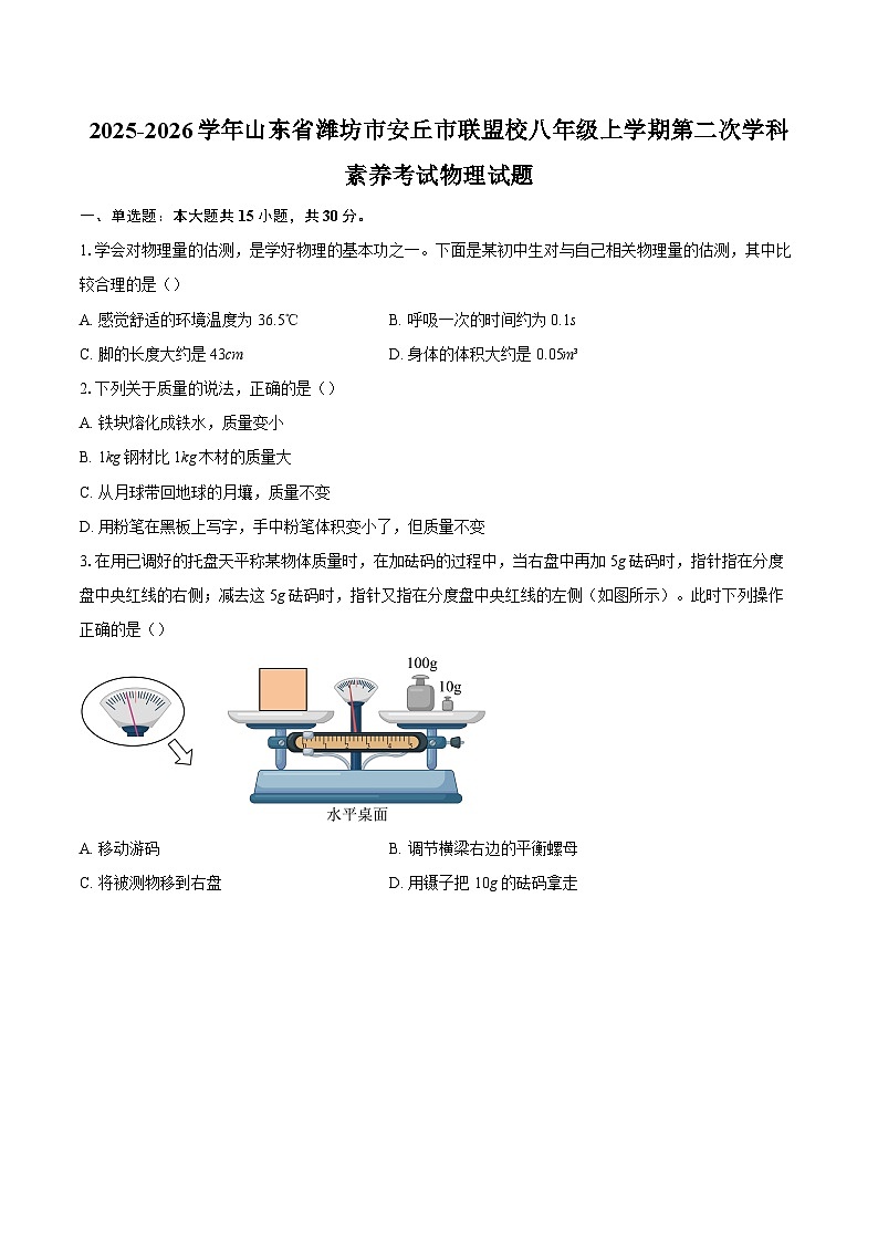 2025-2026学年山东省潍坊市安丘市联盟校八年级上学期第二次学科素养考试物理试题-自定义类型第1页