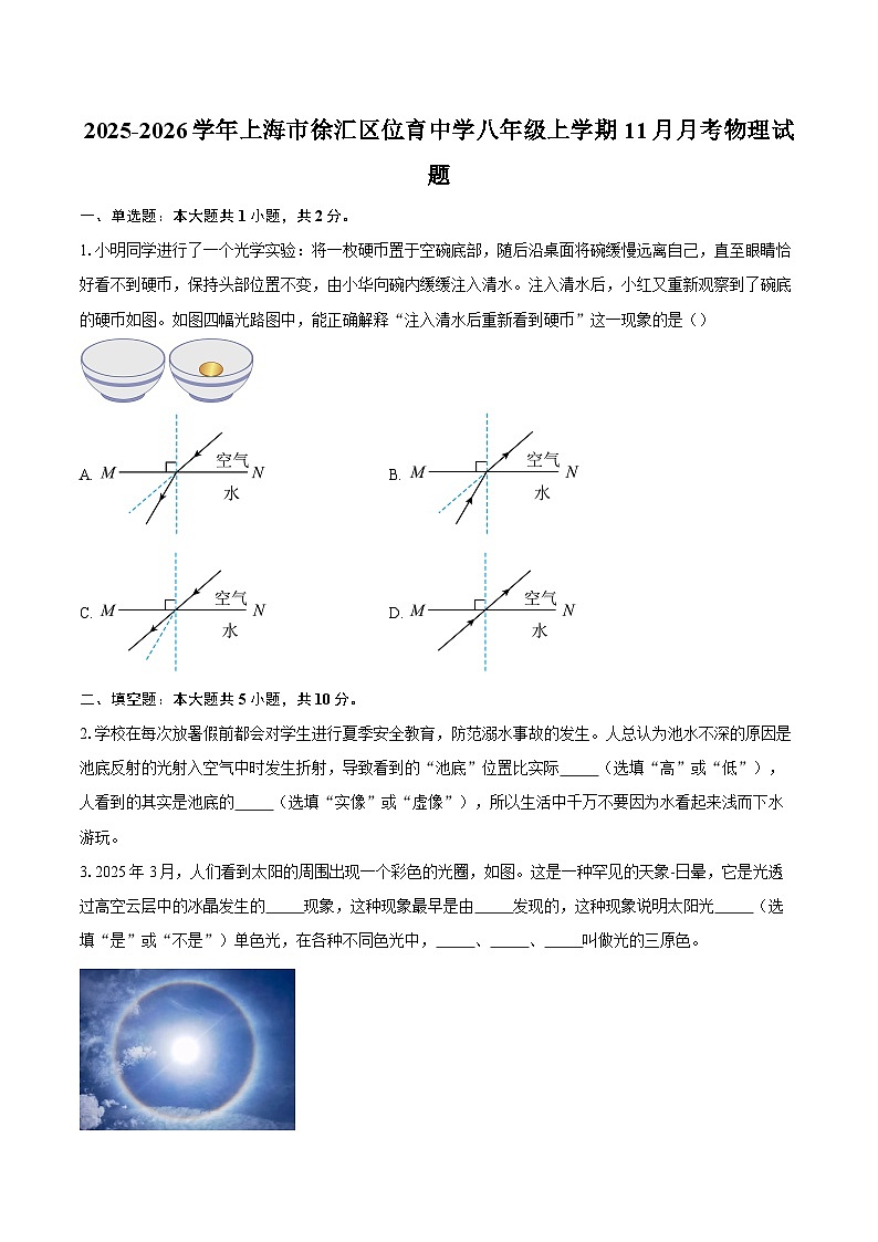 2025-2026学年上海市徐汇区位育中学八年级上学期11月月考物理试题-自定义类型第1页