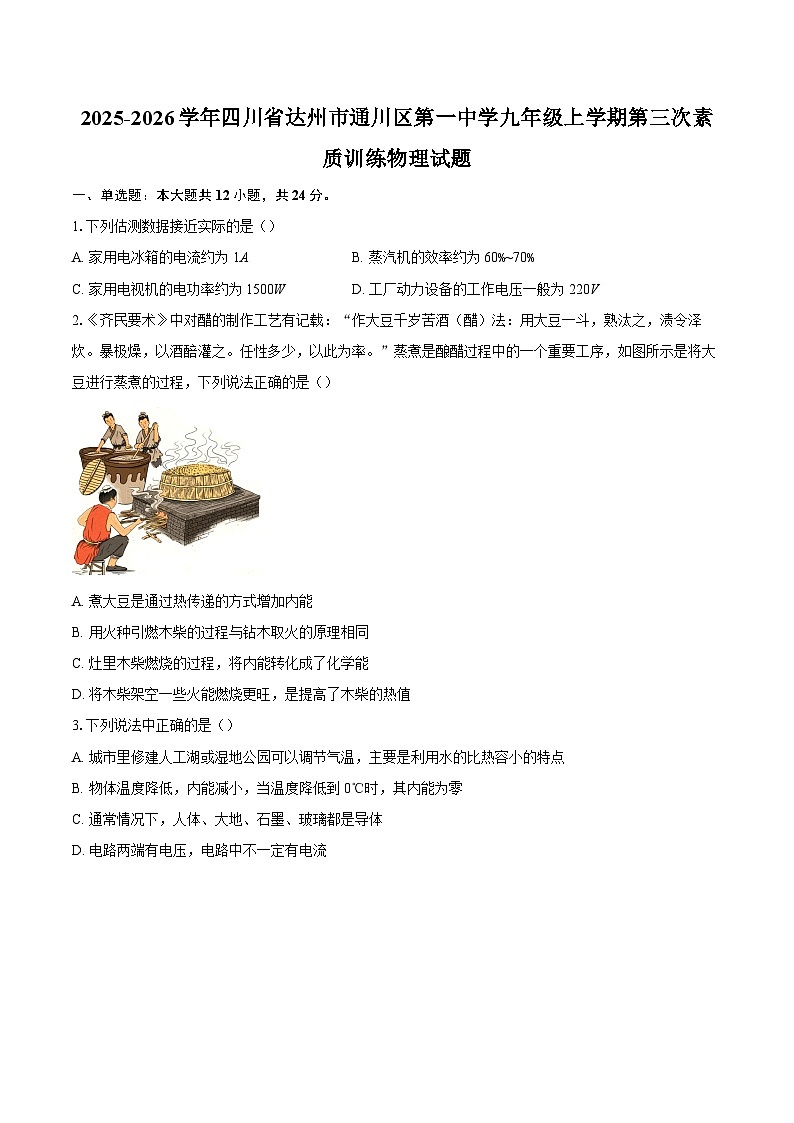 2025-2026学年四川省达州市通川区第一中学九年级上学期第三次素质训练物理试题-自定义类型第1页