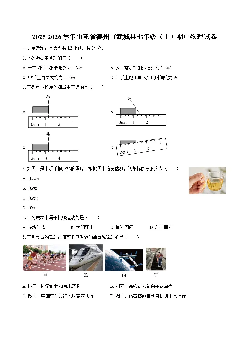 2025-2026学年山东省德州市武城县七年级（上）期中物理试卷-自定义类型第1页
