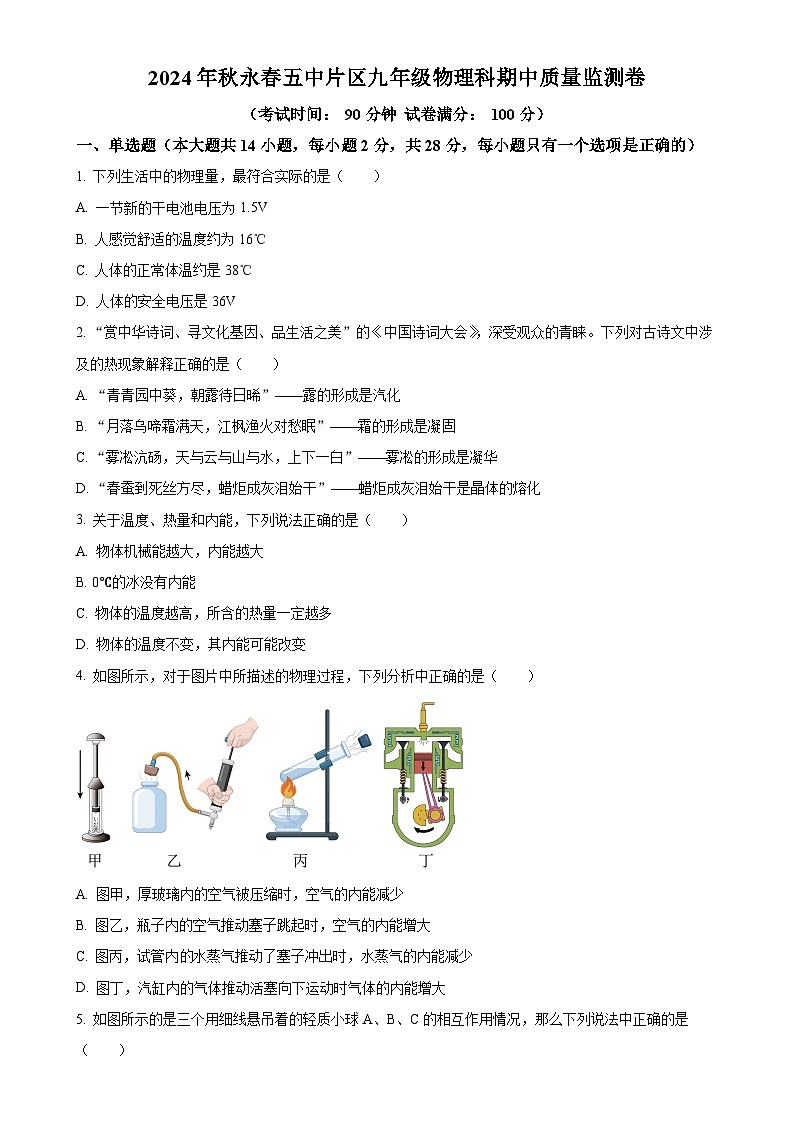 福建省泉州市永春县第五中学片区联考九年级上学期期中物理试题（原卷版）-A4第1页