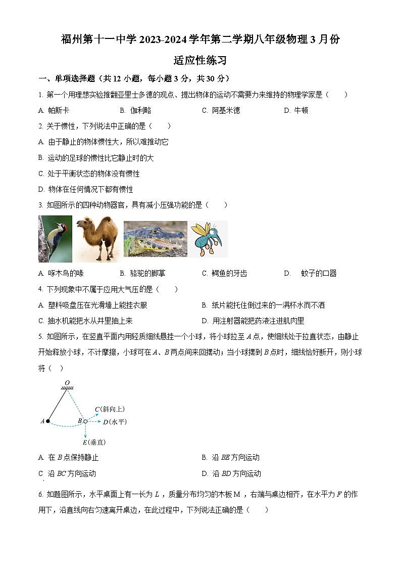 福建省福州十一中八年级下学期物理三月份月考试卷（原卷版）-A4第1页
