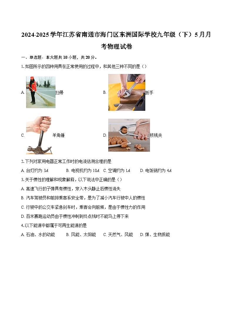 2024-2025学年江苏省南通市海门区东洲国际学校九年级（下）5月月考物理试卷-自定义类型第1页