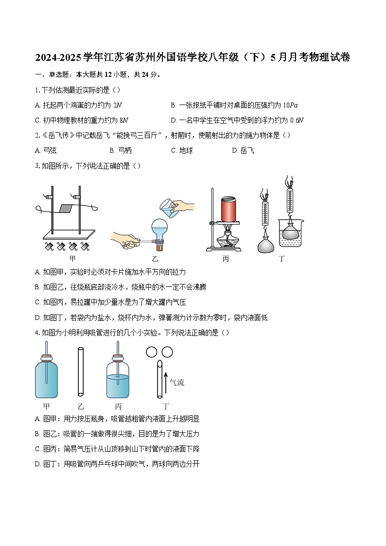2024-2025学年江苏省苏州外国语学校八年级（下）5月月考物理试卷-自定义类型第1页