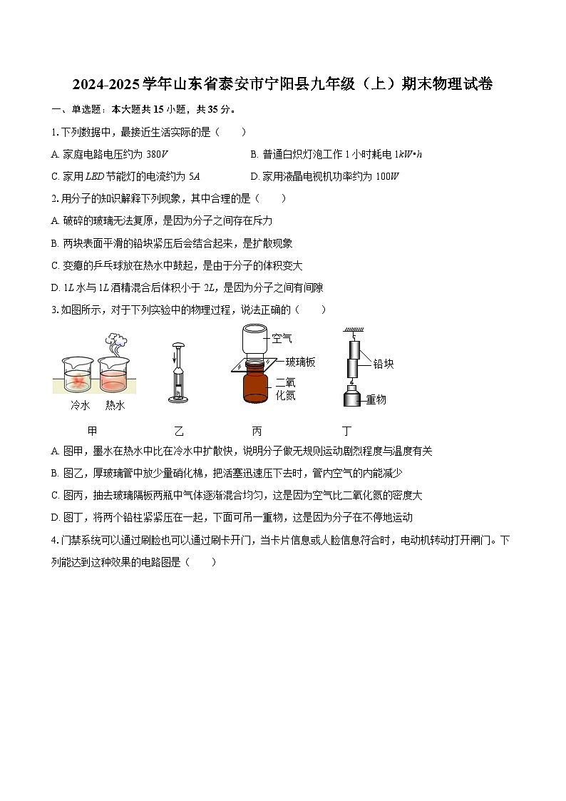 2024-2025学年山东省泰安市宁阳县九年级（上）期末物理试卷-自定义类型第1页
