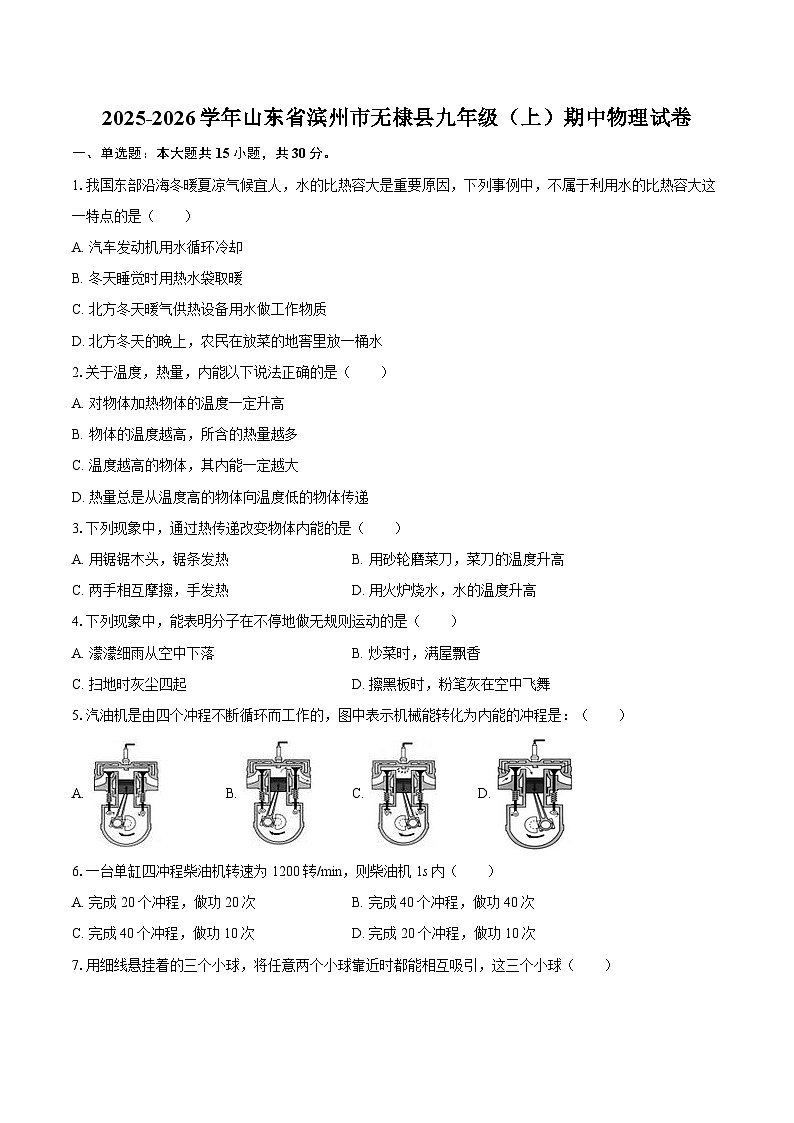 2025-2026学年山东省滨州市无棣县九年级（上）期中物理试卷-自定义类型第1页