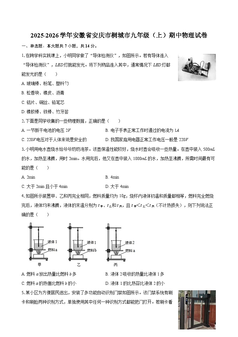 2025-2026学年安徽省安庆市桐城市九年级（上）期中物理试卷-自定义类型第1页