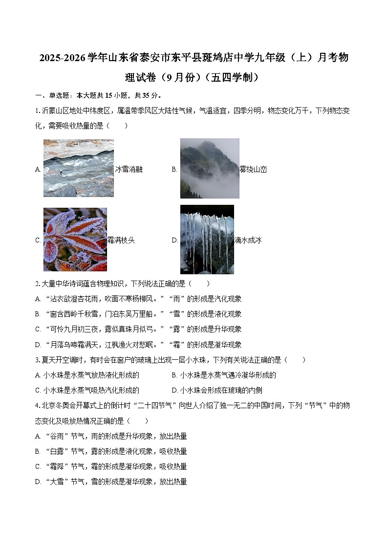2025-2026学年山东省泰安市东平县斑鸠店中学九年级（上）月考物理试卷（9月份）（五四学制）-自定义类型第1页