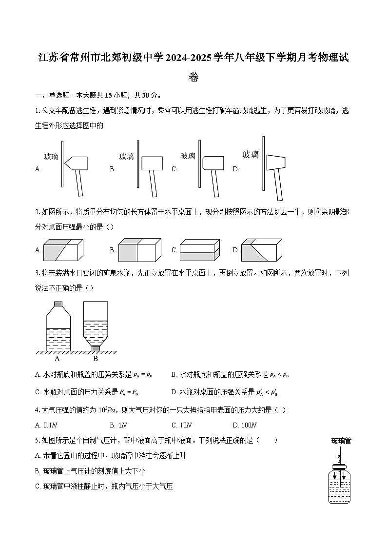 江苏省常州市北郊初级中学2024-2025学年八年级下学期月考物理试卷-自定义类型第1页