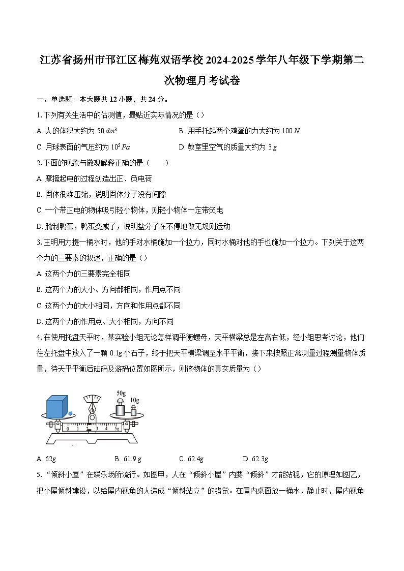 江苏省扬州市邗江区梅苑双语学校2024-2025学年八年级下学期第二次物理月考试卷-自定义类型第1页