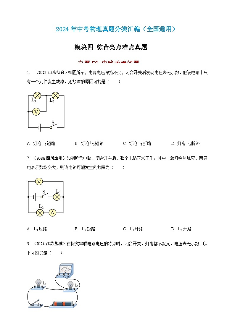 2024年中考物理真题分类汇编——电路故障问题练习（含答案）第1页