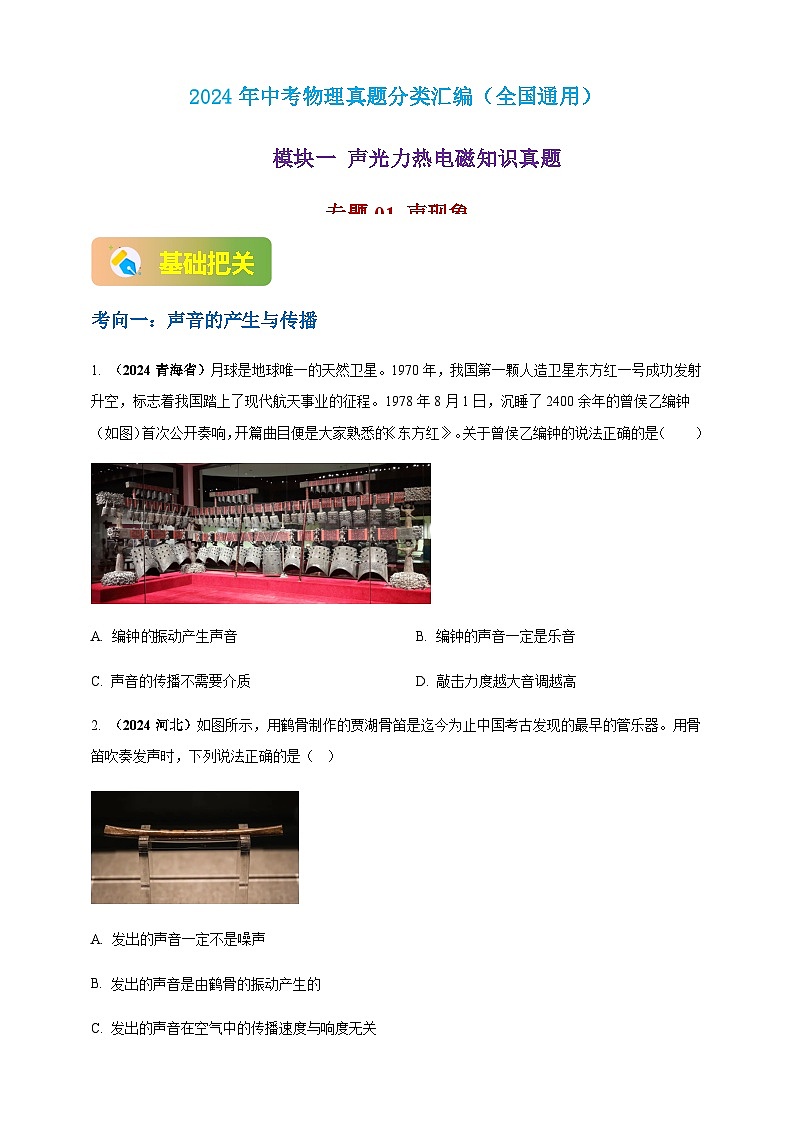 2024年中考物理真题分类汇编——声现象（含答案）第1页