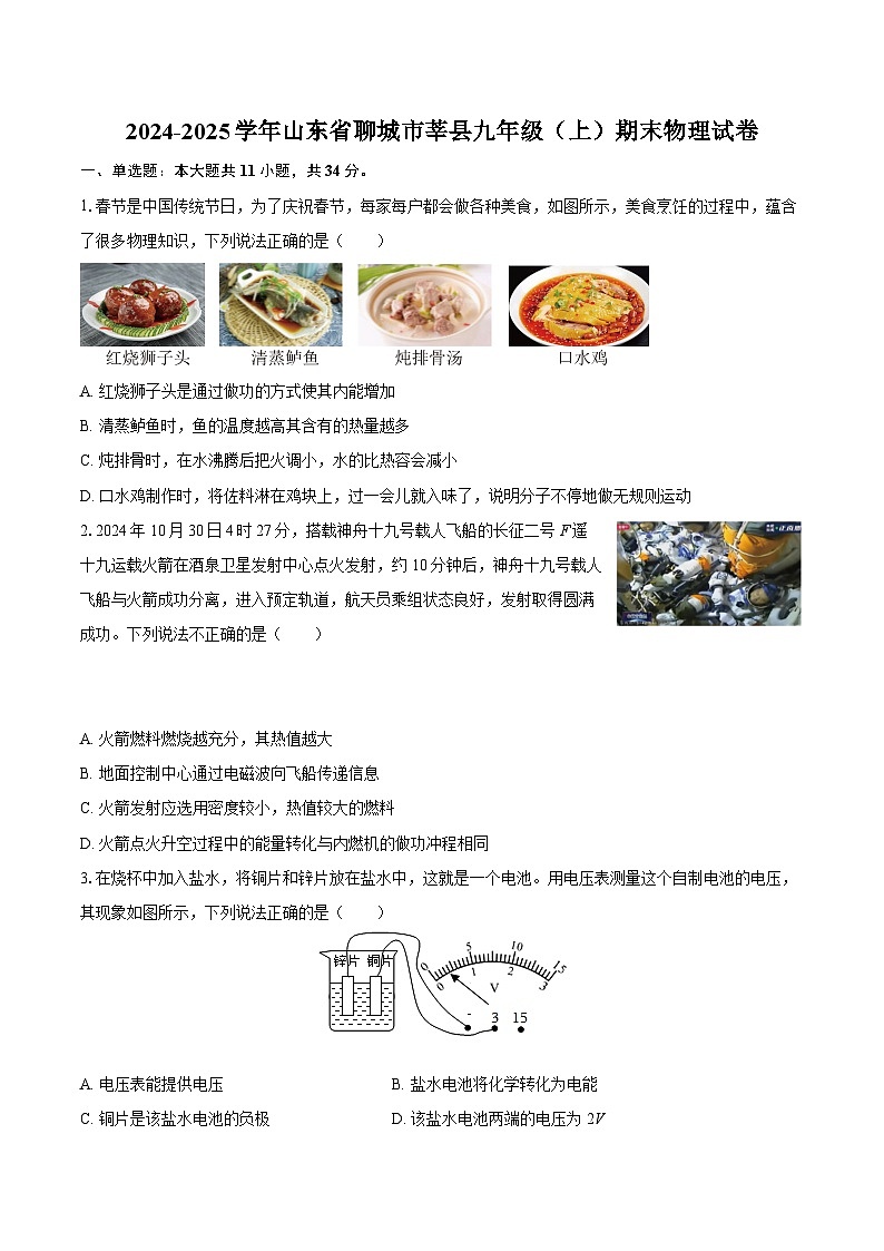 2024-2025学年山东省聊城市莘县九年级（上）期末物理试卷-自定义类型第1页