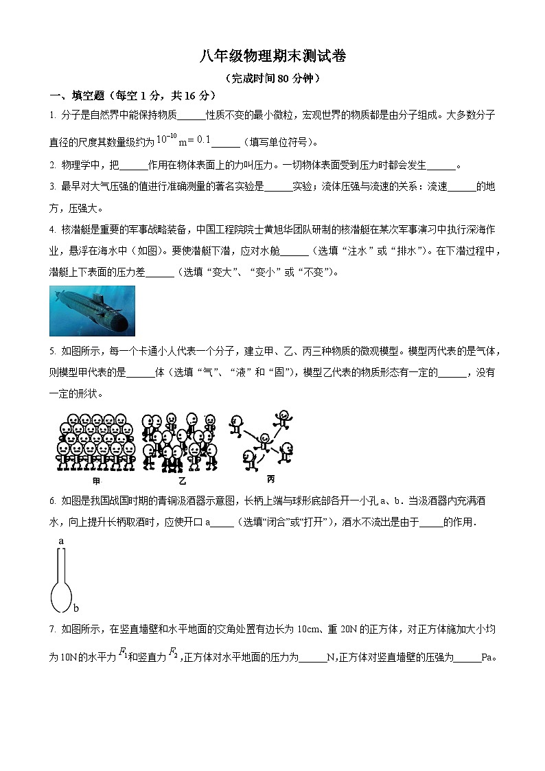 江西省南昌市红谷滩区江西师范大学附属中学红谷滩区滨江分校2024-2025学年八年级下学期期末 物理试题第1页