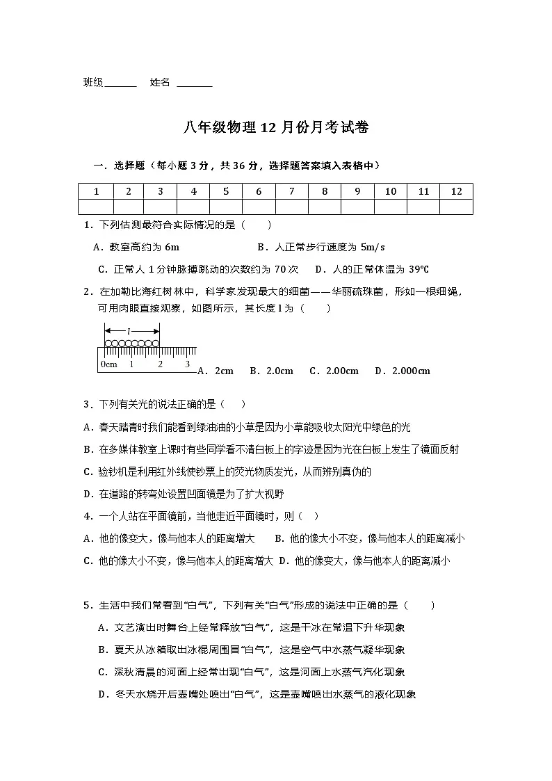湖南省邵阳市武冈市文坪中学2025-2026学年八年级上学期12月阶段检测 物理试题第1页