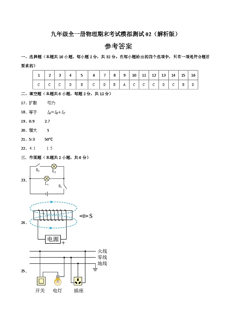 九年级全一册物理期末考试模拟测试02（参考答案）第1页