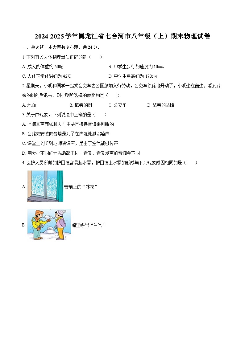 2024-2025学年黑龙江省七台河市八年级（上）期末物理试卷-自定义类型第1页