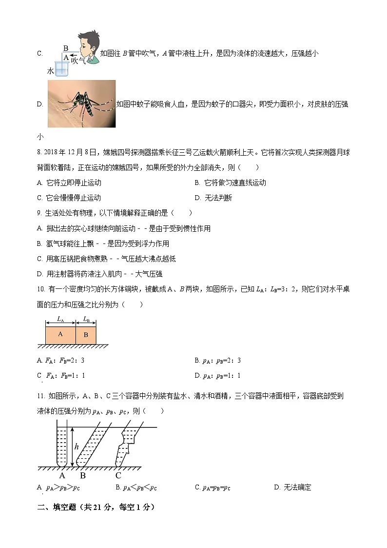 甘肃省平凉市第四中学教育集团2023~2024学年八年级下学期期中检测物理试题（原卷版）-A4第3页