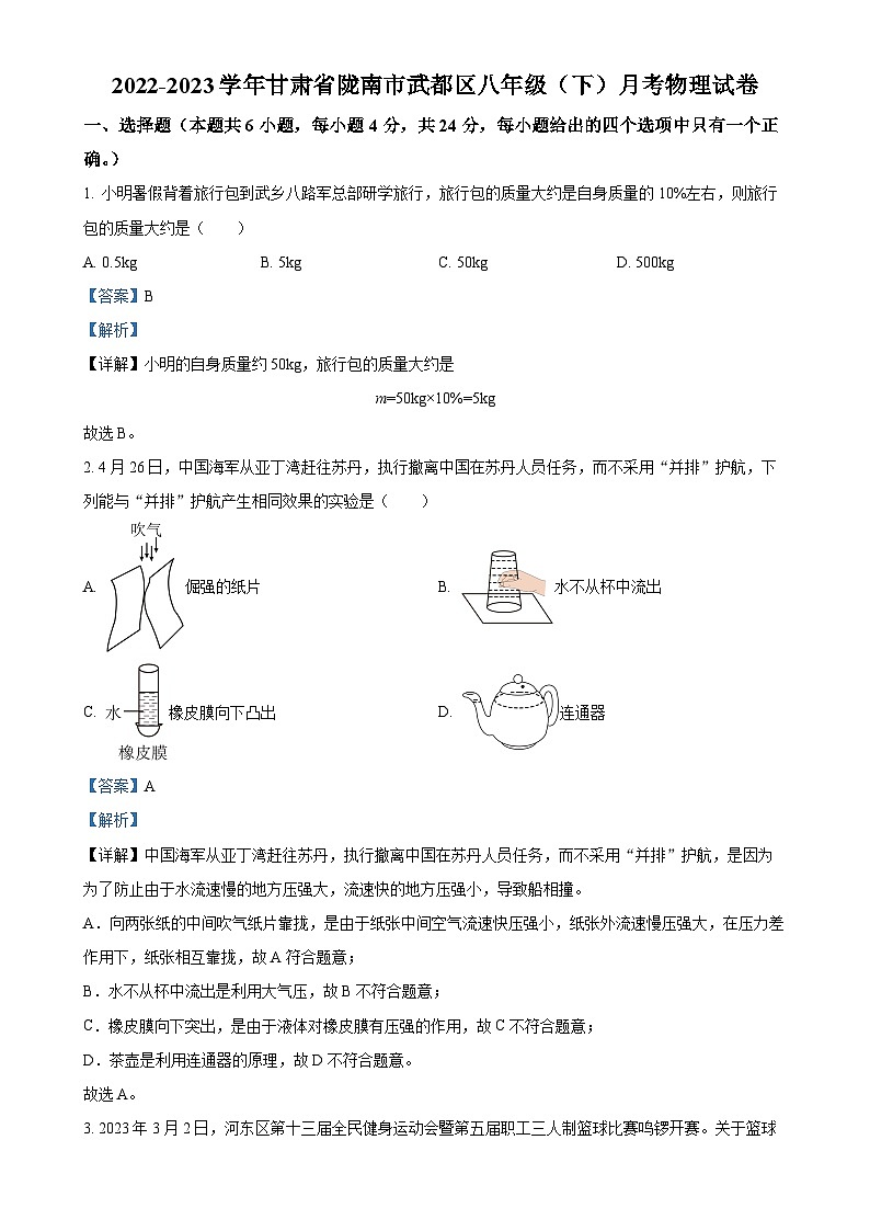 甘肃省陇南市武都区2022-2023学年八年级下学期第二次月考物理试题（解析版）-A4第1页