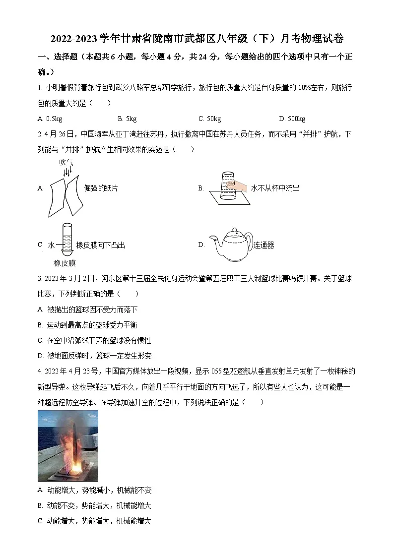 甘肃省陇南市武都区2022-2023学年八年级下学期第二次月考物理试题（原卷版）-A4第1页