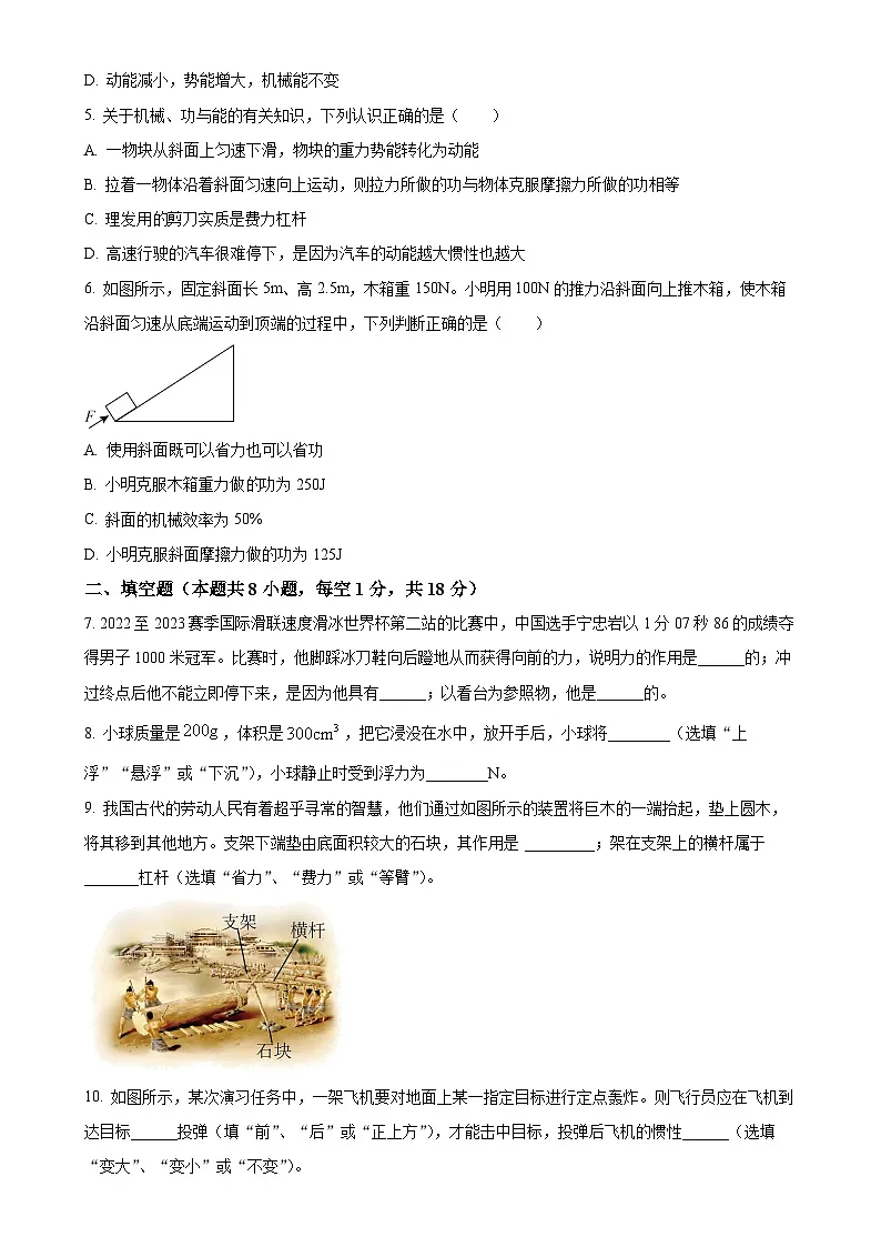 甘肃省陇南市武都区2022-2023学年八年级下学期第二次月考物理试题（原卷版）-A4第2页