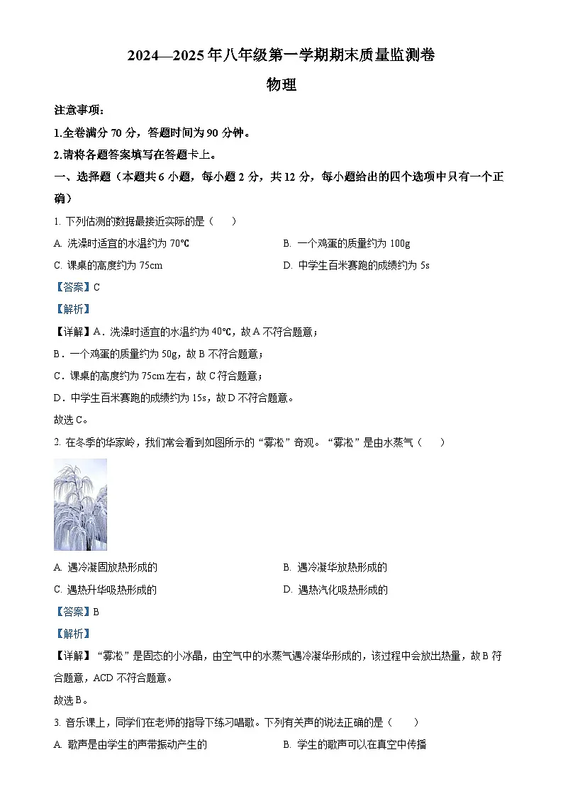 甘肃省定西市渭源县八年级上学期期末考试物理试题（解析版）-A4第1页