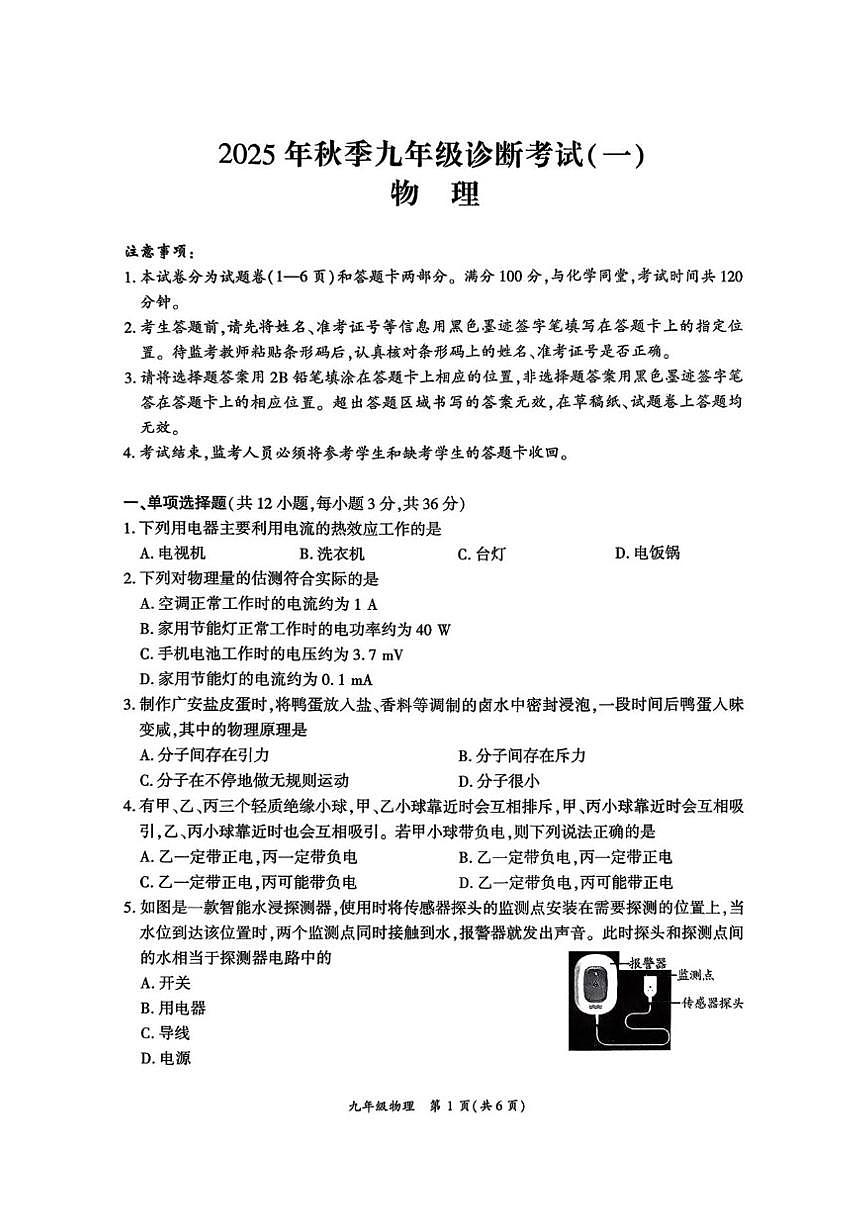 2025-2026学年四川省广安市九年级上学期诊断考试物理试卷（有答案）第1页