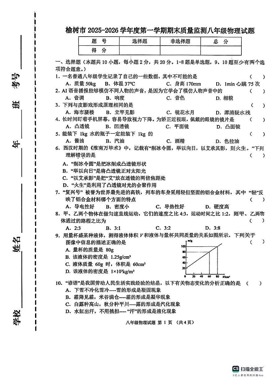 吉林省长春市榆树市慧望初级中学2025-2026学年八年级上学期1月期末物理试题第1页