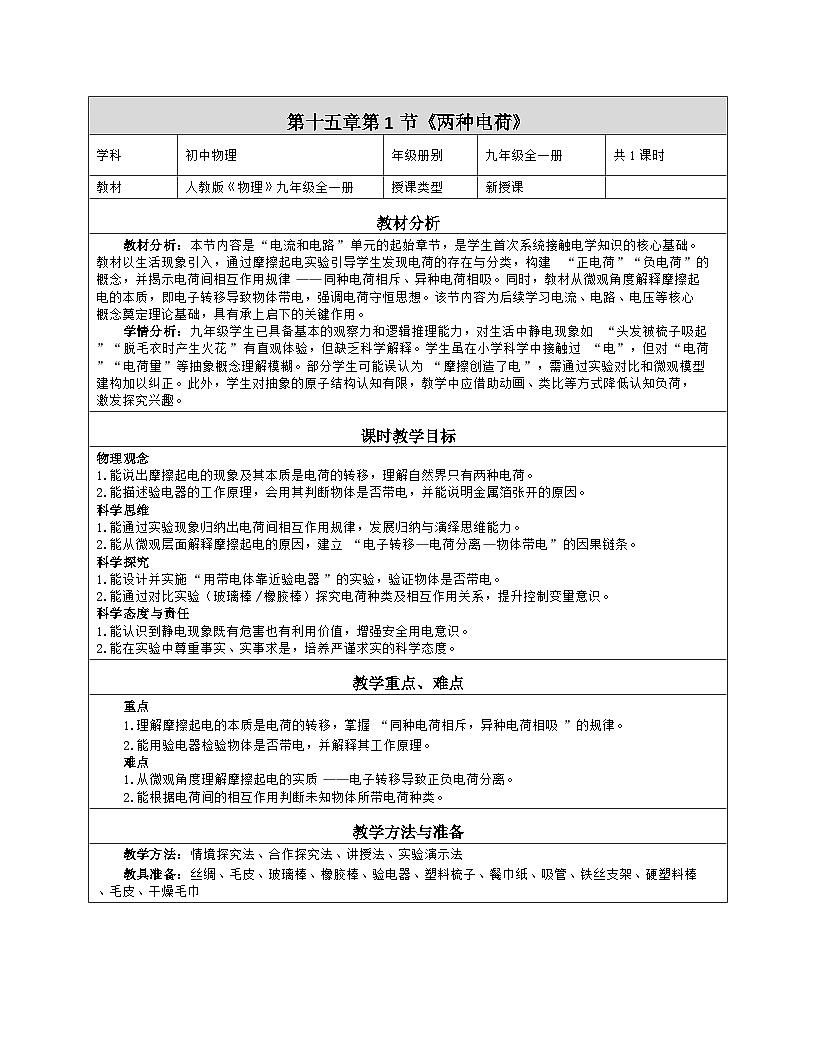 人教版（2024）初中物理九年级全册 15.1 两种电荷 教学设计第1页