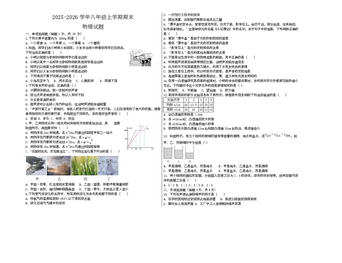黑龙江省大兴安岭地区漠河市两校联考2025-2026学年八年级上学期1月期末物理试题第1页