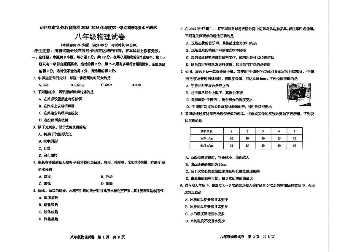 辽宁省葫芦岛市2025-2026学年八年级上学期1月期末考试物理试卷第1页