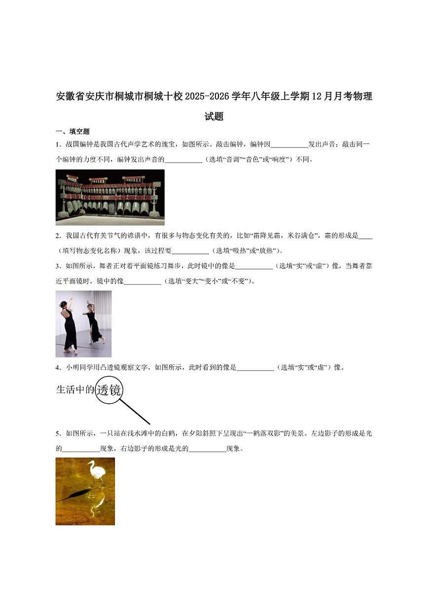2025-2026学年安徽省安庆市桐城市十校八年级上学期12月月考物理试卷（有答案）第1页