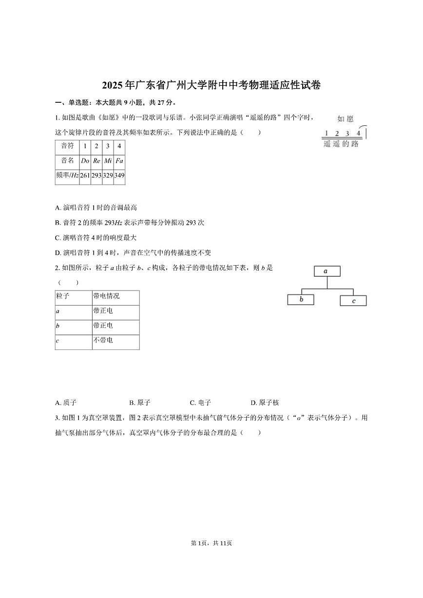 2025年广东省广州大学附中中考物理适应性试卷（有答案）第1页