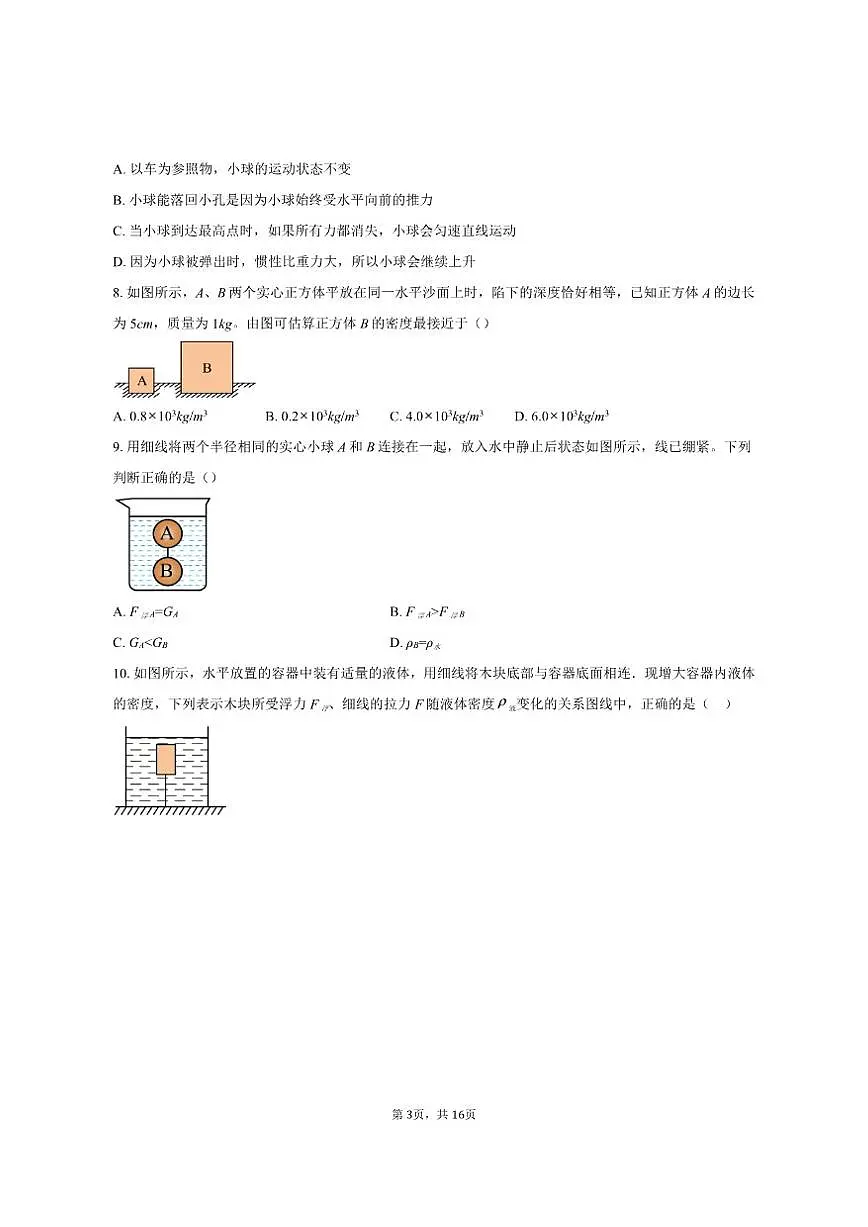 2024-2025学年江苏省苏州外国语学校八年级（下）5月月考物理试卷（有答案）第3页