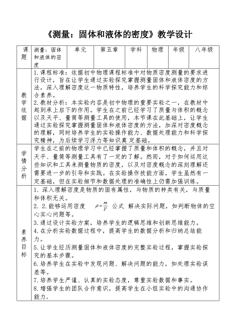 5.4 测量：固体和液体的密度 教学设计表格式--2025-2026学年八年级全一册《物理》（沪科版2024）第1页