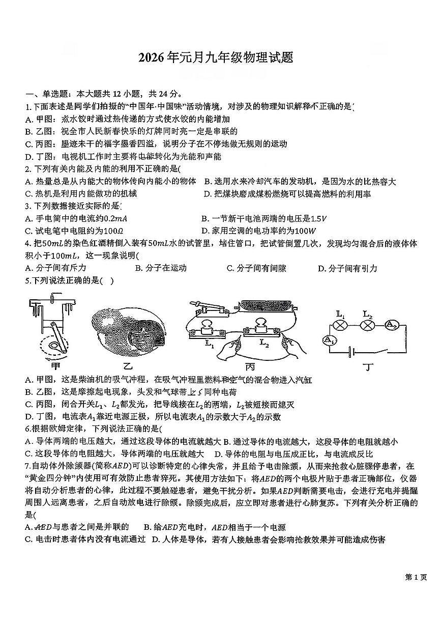 湖北省孝感市孝南区孝南三校联考2025-2026学年九年级上学期1月月考物理试题第1页