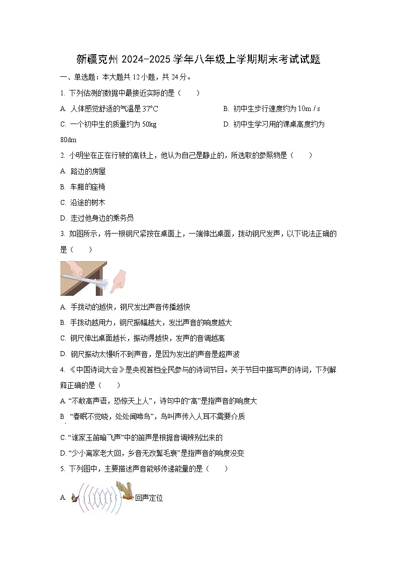 新疆克州2024-2025学年八年级上学期期末考试物理试卷（学生版）第1页