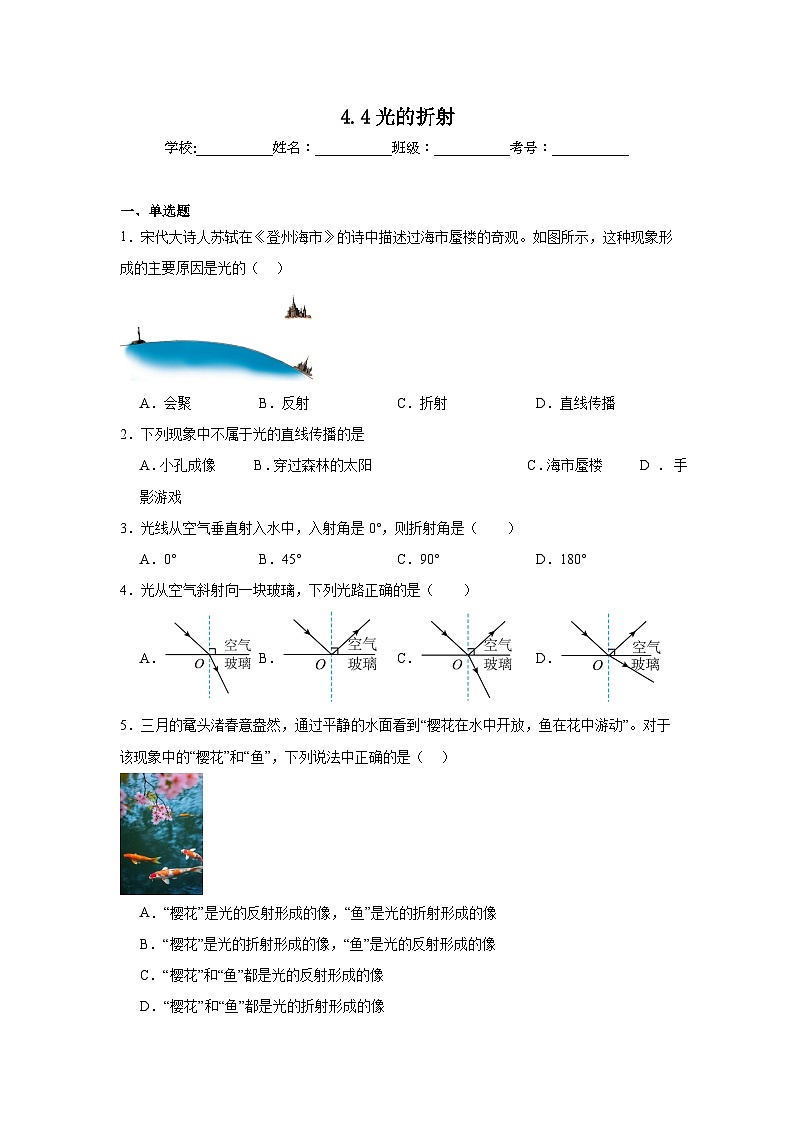 4.4光的折射随堂同步练习 教科版物理八年级上册第1页