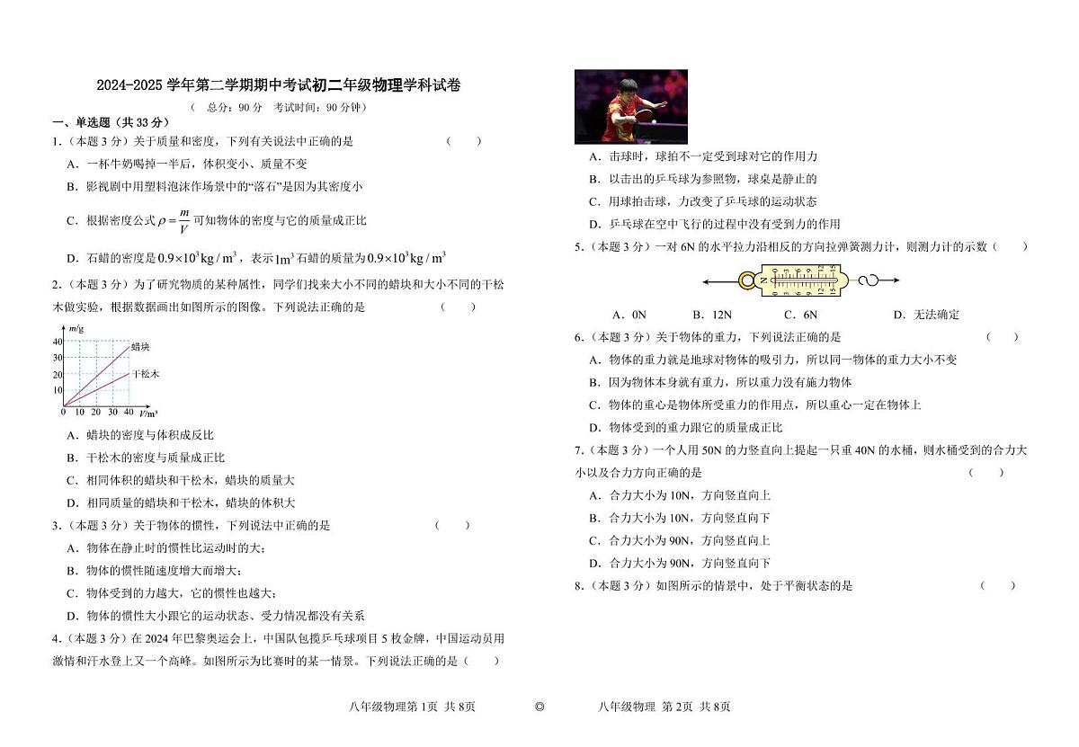 甘肃省兰州市第四片区2024-2025学年八年级下学期期中考试物理试卷第1页