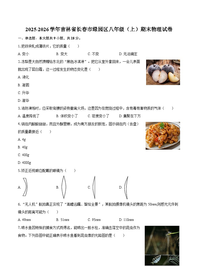 2025-2026学年吉林省长春市绿园区八年级（上）期末物理试卷-自定义类型第1页