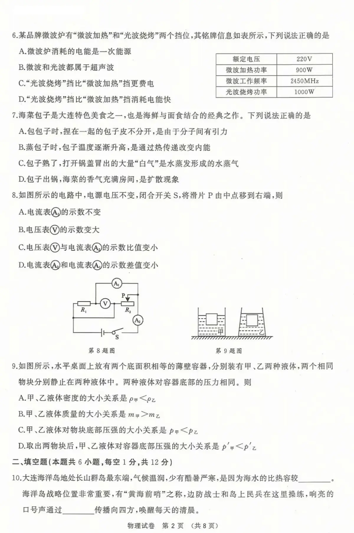 2025.5辽宁省大连九年级中考二模物理试卷+答案第2页