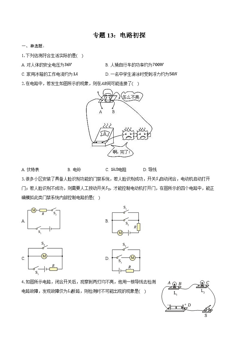 2025年中考物理第一轮专题复习专题13：电路初探练习（含答案+解析）第1页