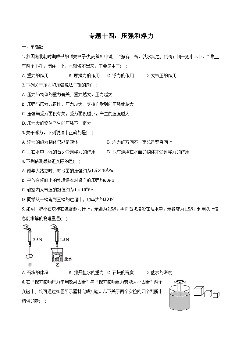 2025年江苏中考物理二轮复习 专题十四：压强和浮力  练习（含答案+解析）第1页