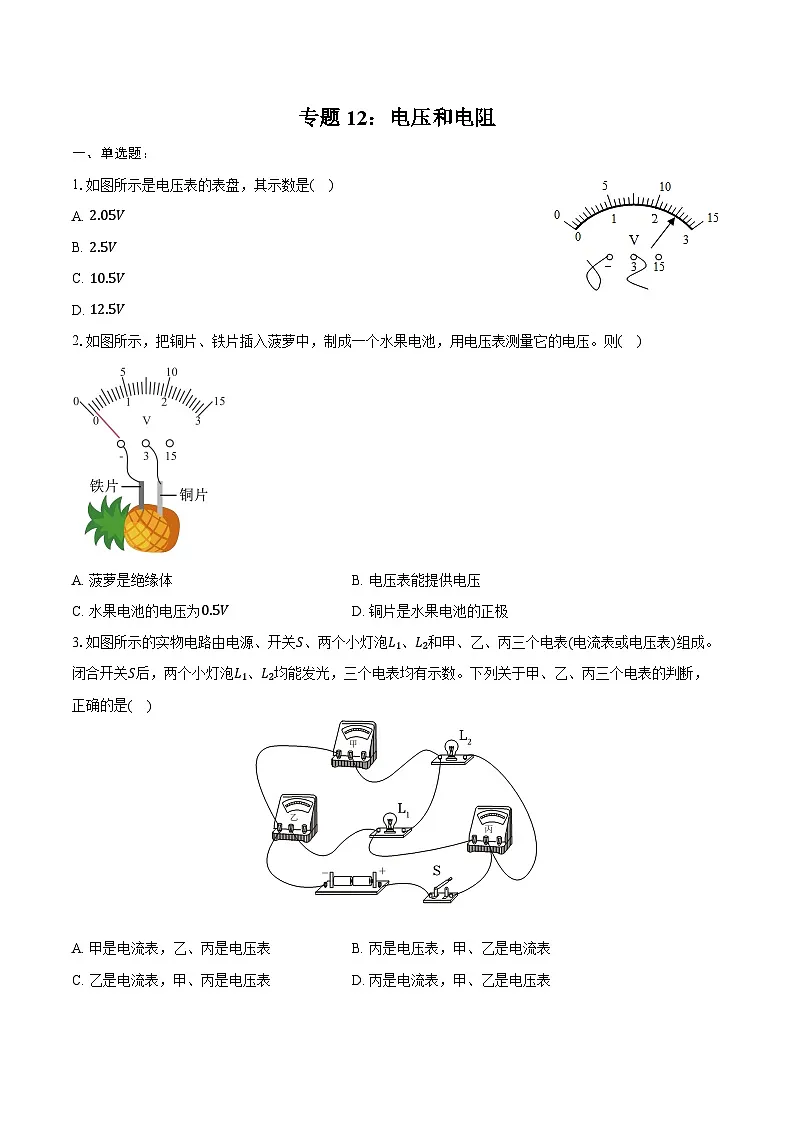 2025年中考物理第一轮复习专题复习专题12：电压和电阻练习 （含答案+解析）第1页