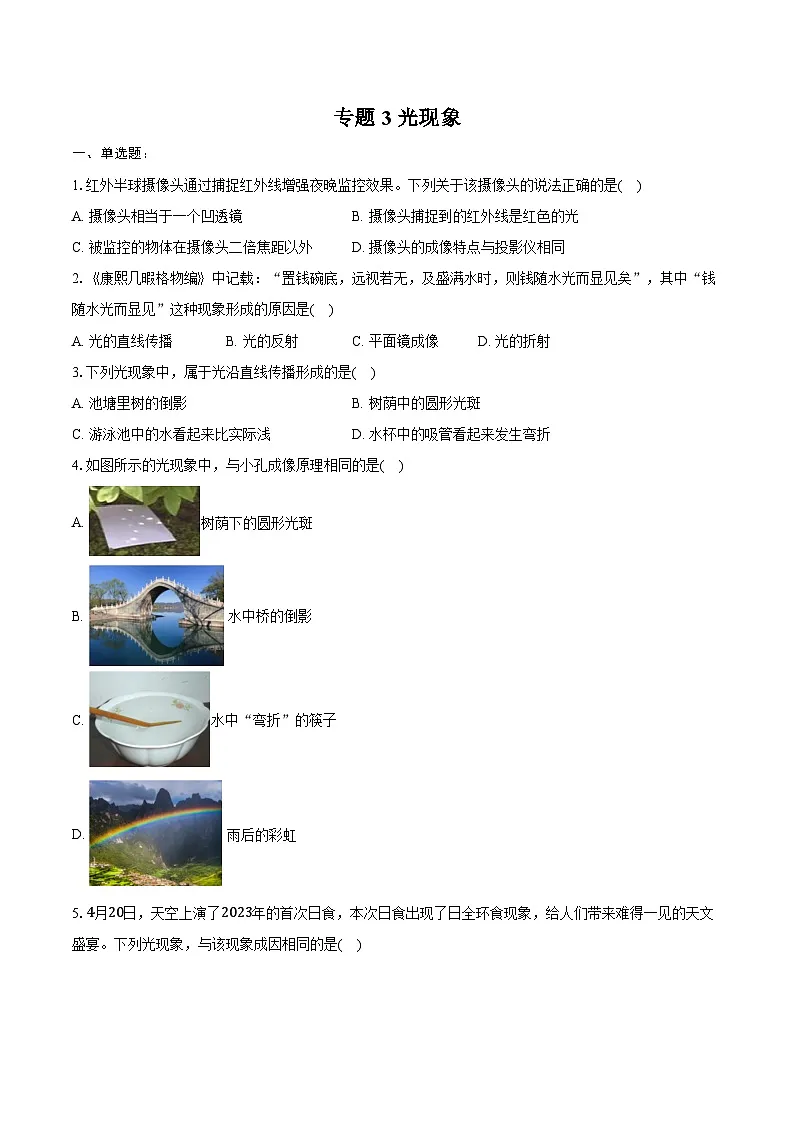 2025年山东物理中考第一轮专题复习 专题3 光现象练习 （含答案+解析）第1页