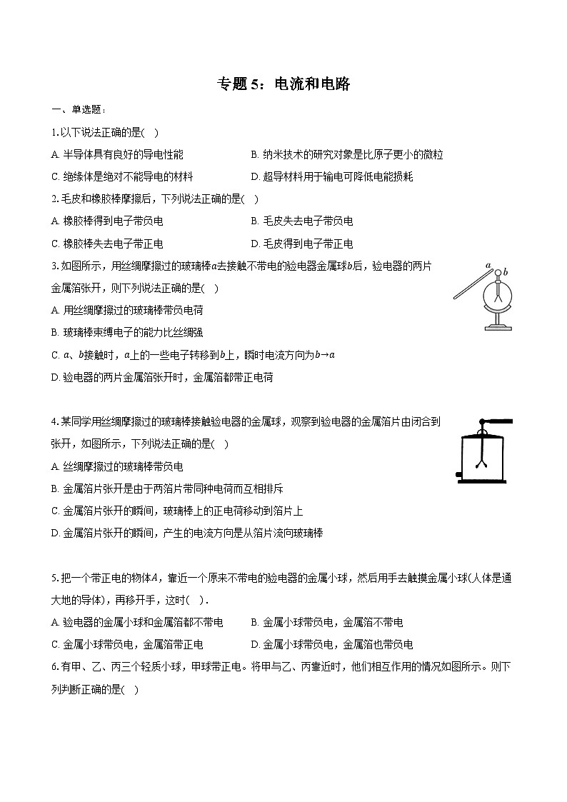 2025年上海中考物理二轮复习专题5： 电流和电路  练习  （含答案+解析）第1页
