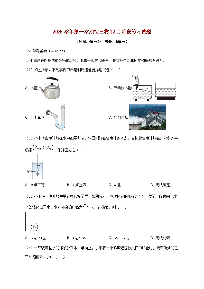 上海市南洋中学2025—2026学年九年级上册12月月考物理试题【附答案】第1页