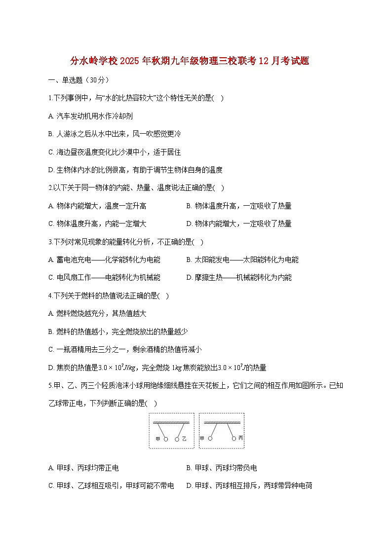 四川省泸州市江阳区分水岭学校等三校联考2025—2026学年九年级上册12月月考物理试题【附答案】第1页